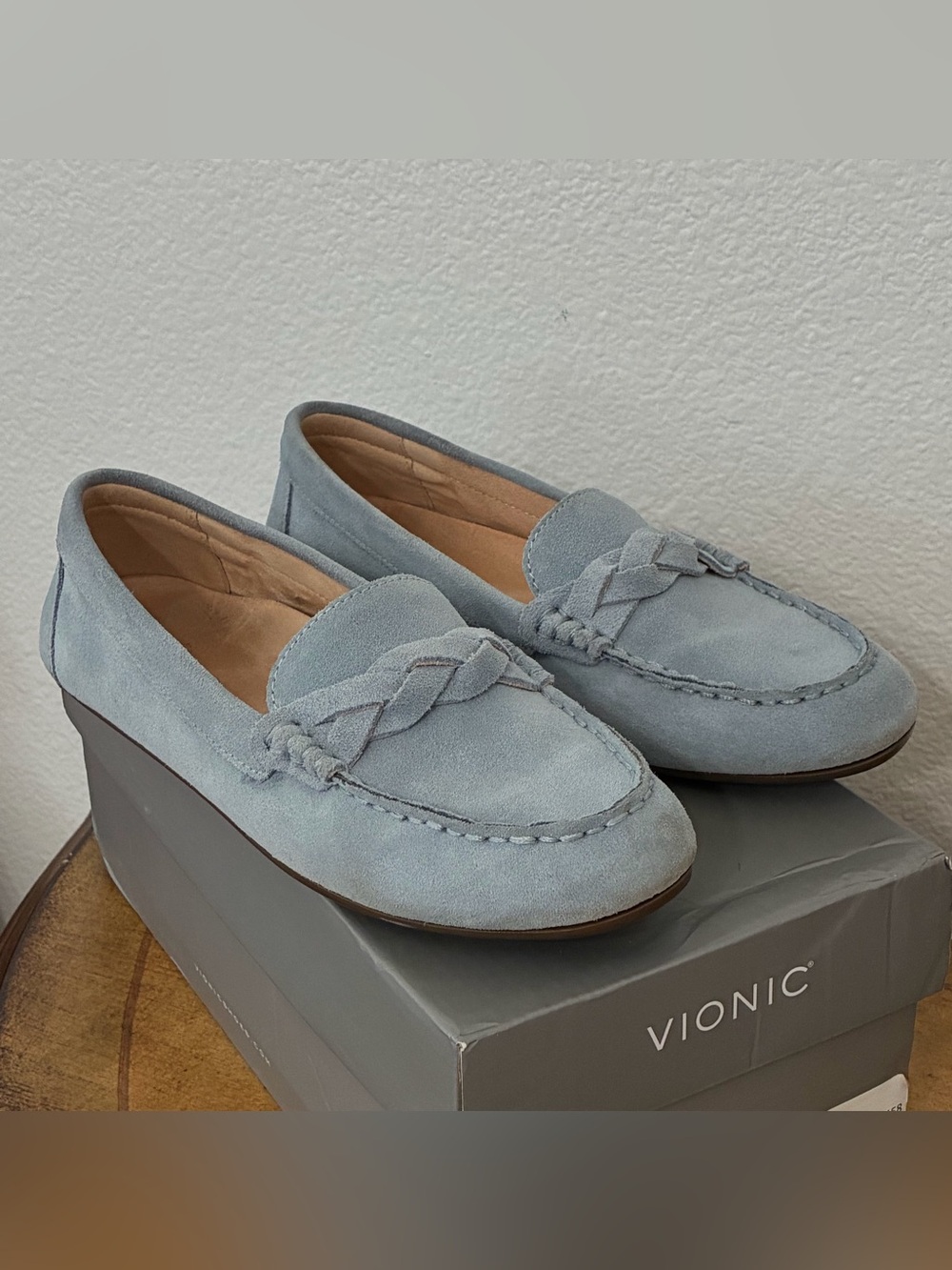 Vionic Light Blue Suede Braided Penny Loafers Women Size 7